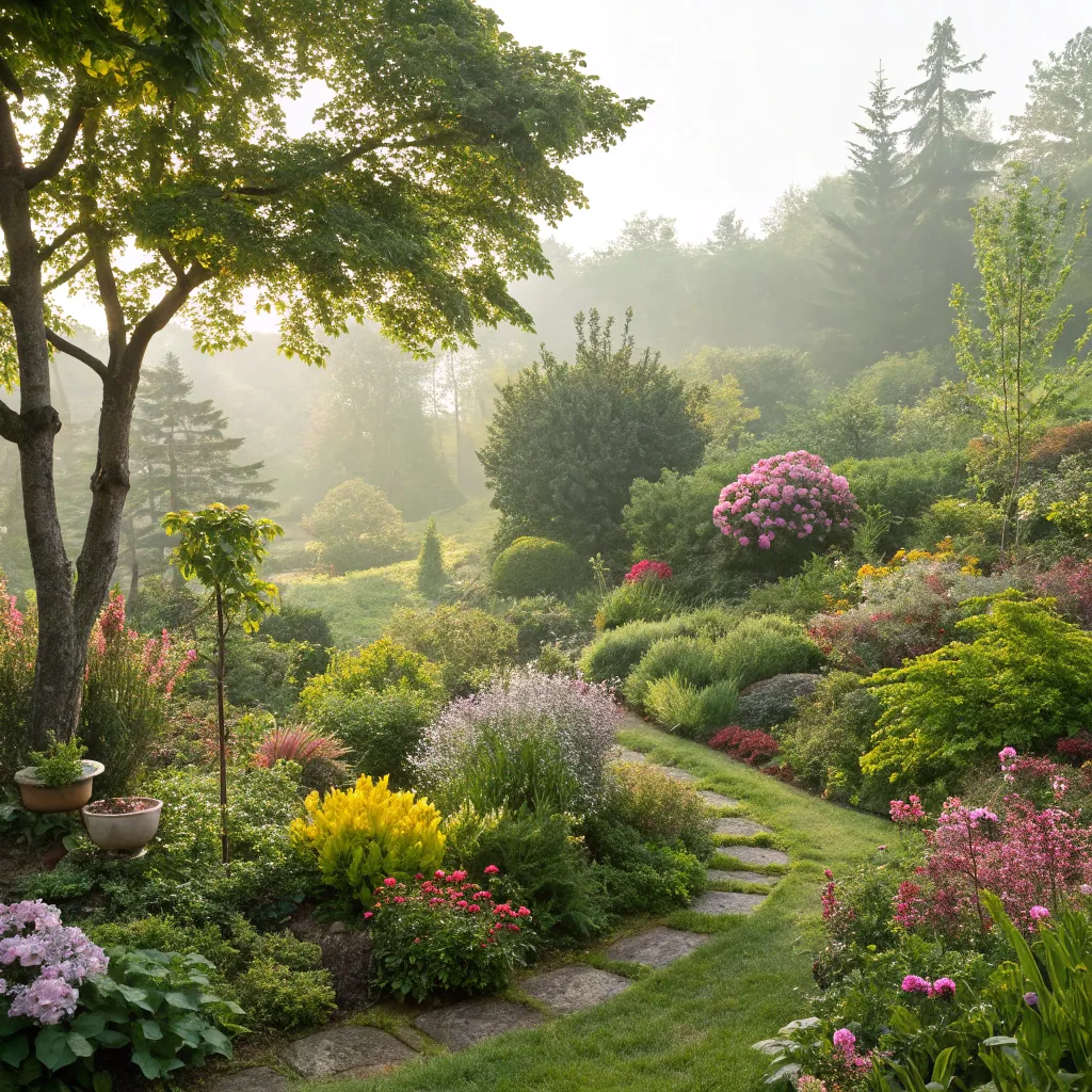 Beautiful eco-garden with diverse plants
